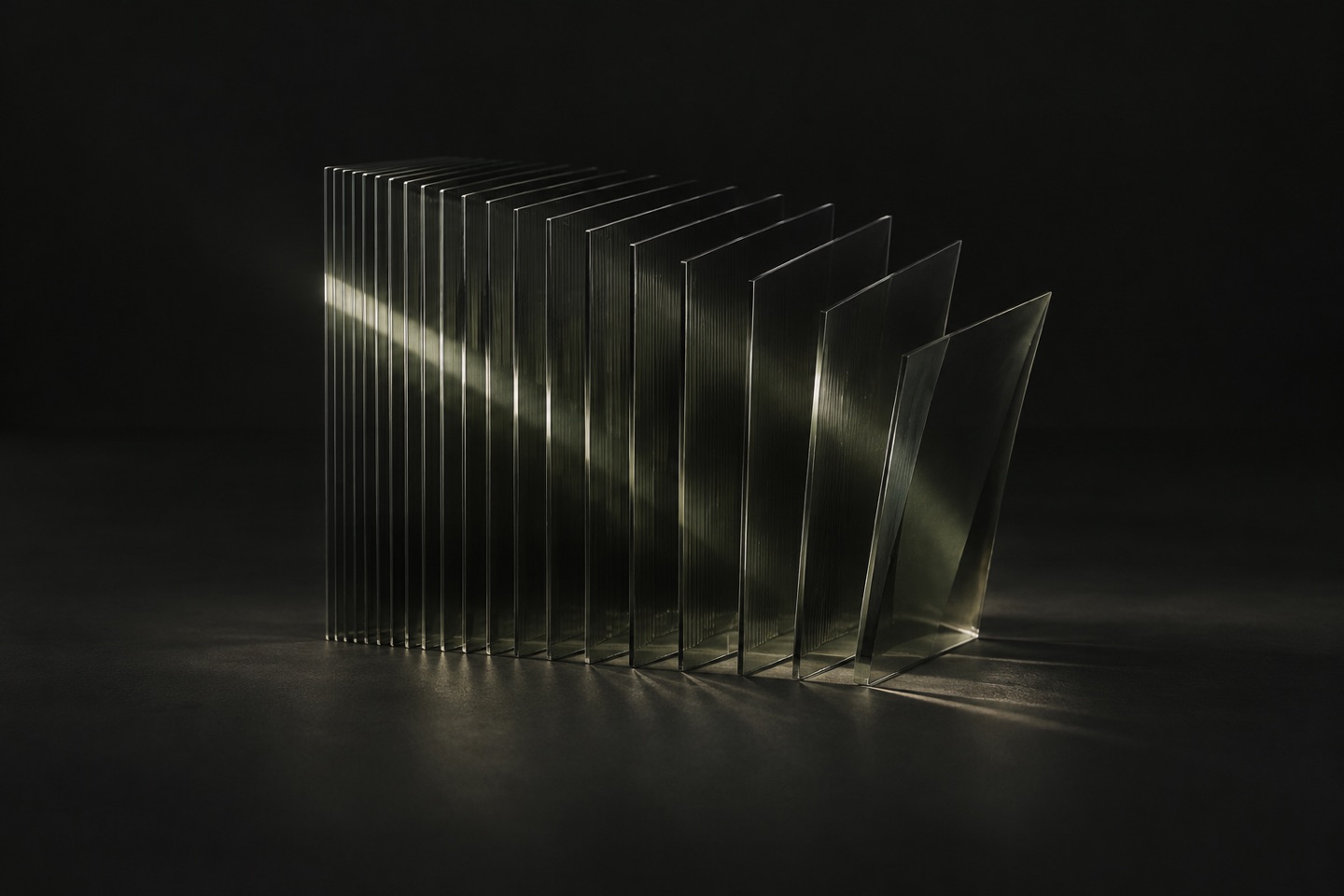 Thin smoked-glass planes reveal a quiet seam of light.