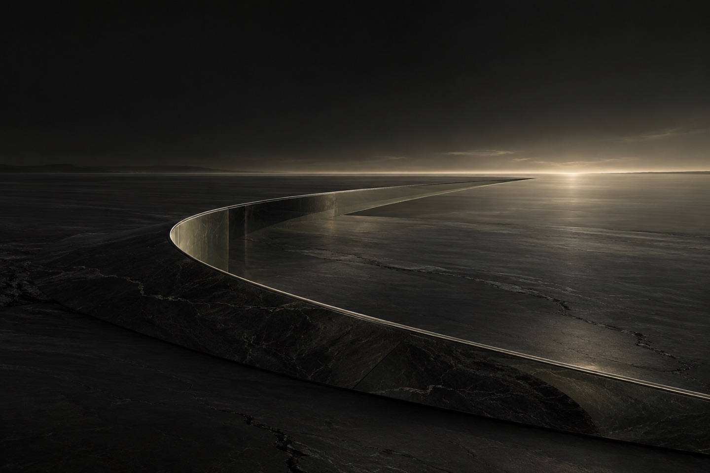 A dark sculptural arc extends across a graphite landscape toward a distant line of light.